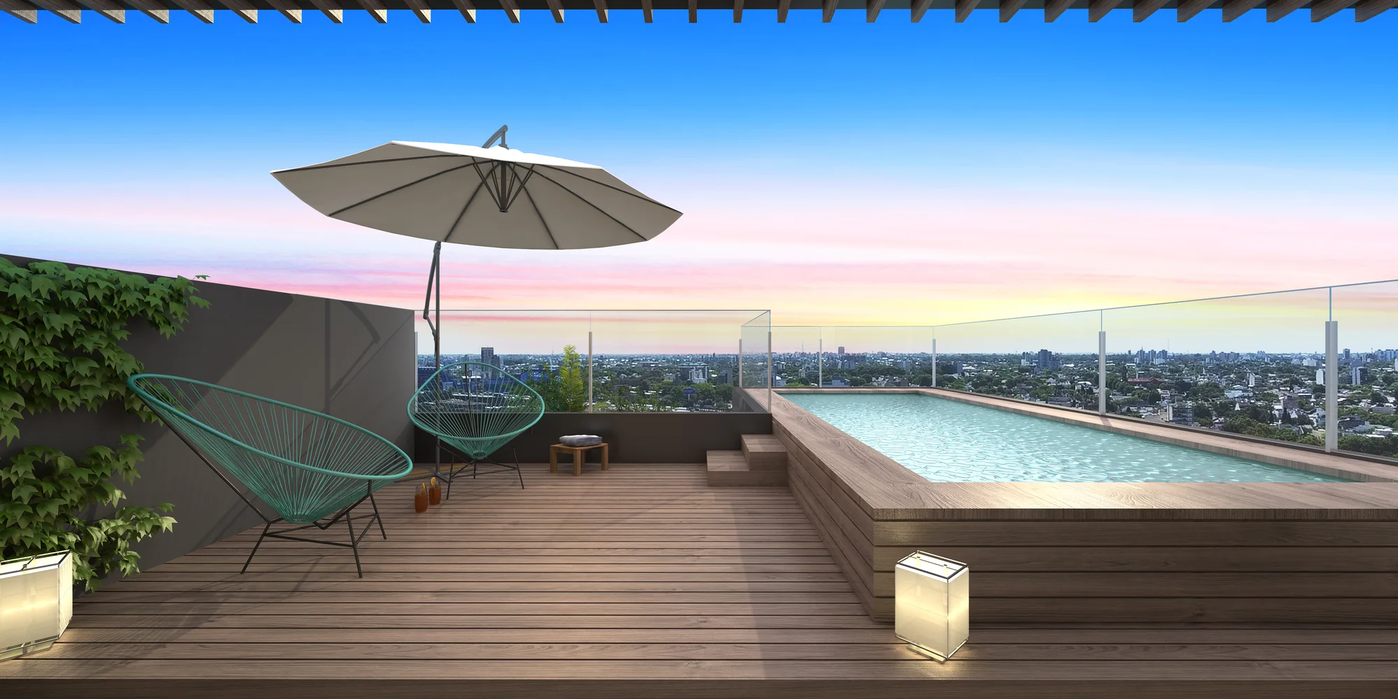 Solárium con deck de RL70 y vista panorámica a la ciudad