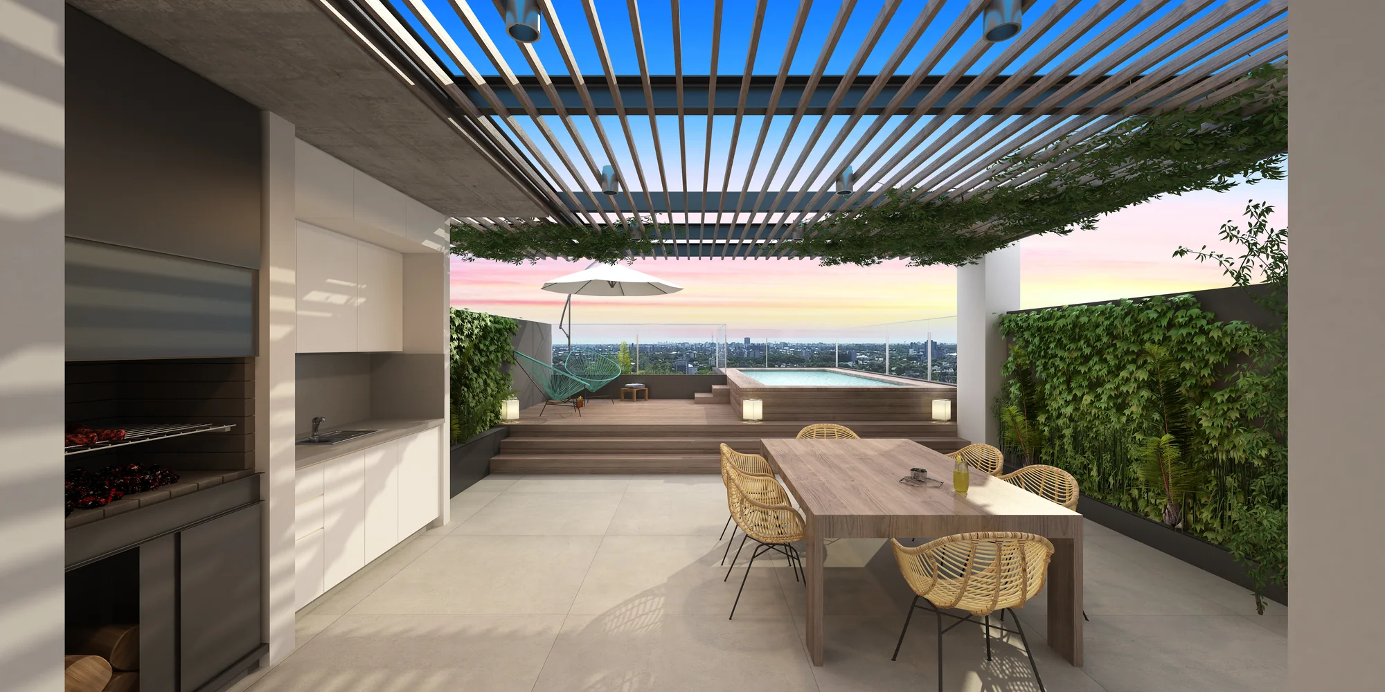 Sector parrilla y comedor exterior con pérgola en RL70