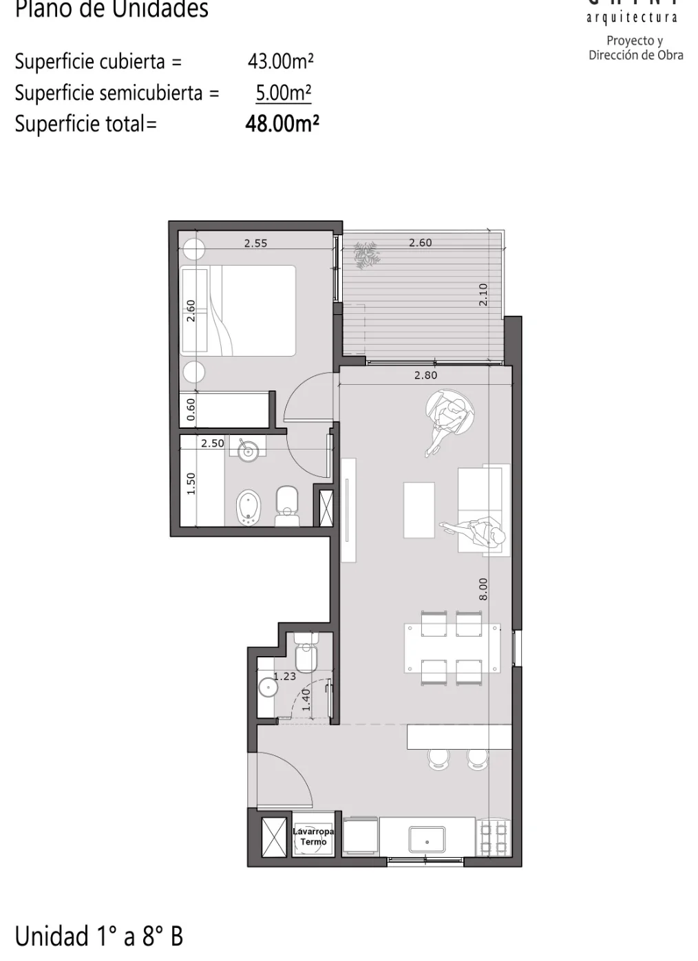 Plano de unidad de Dos Ambientes tipo B en RL70